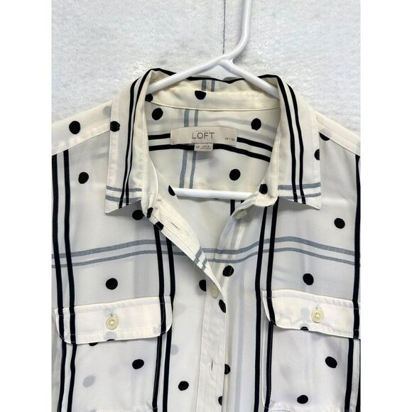 Ann Taylor Loft Sheer Blouse L/S Cream w/ Black Polkadots Medium Petite Career - Picture 2 of 8